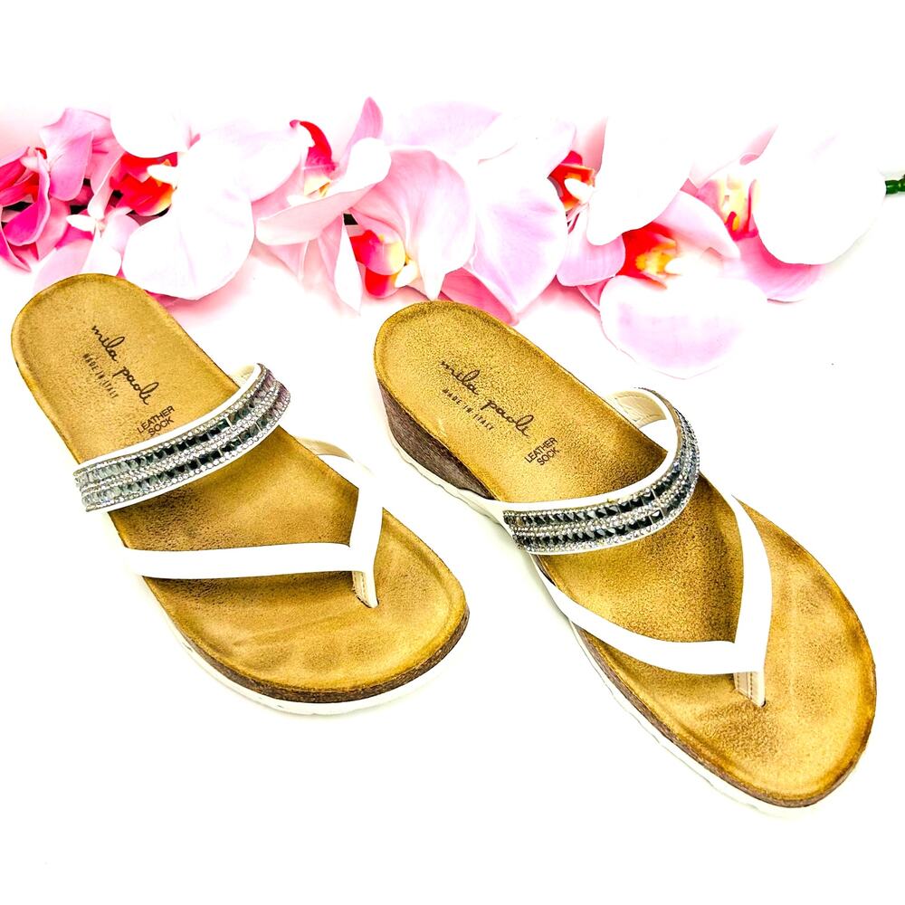 Mila Paoli Italian Leather Sandals Size 6 Cork Wedge White